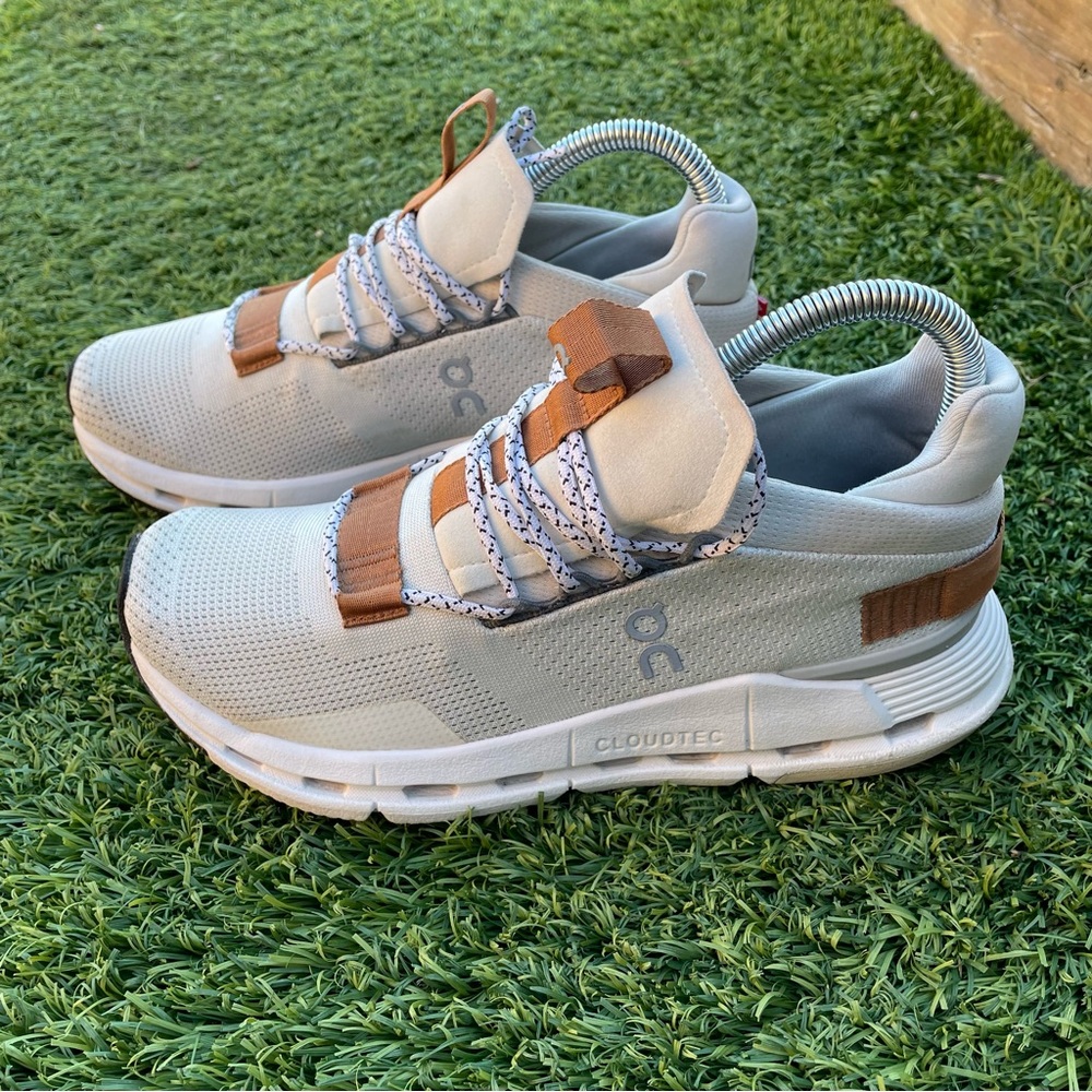 On Cloud Nova Running White and Brown Sneakers with Modern Design Size 7